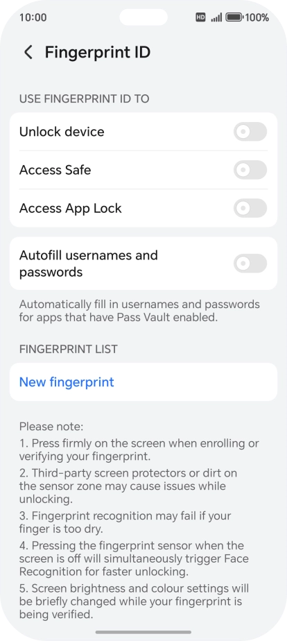 Press New fingerprint. Press New fingerprint.