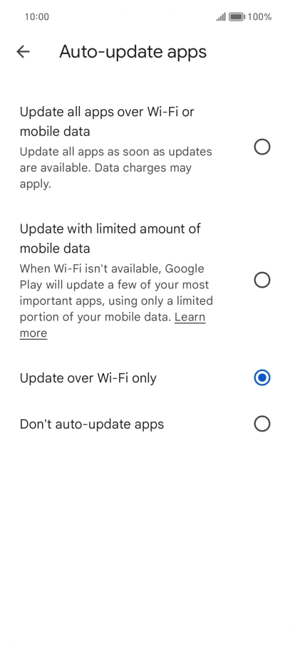 To turn on automatic update of apps using mobile network, press Update all apps over Wi-Fi or mobile data. To turn on automatic update of apps using mobile network, press Update all apps over Wi-Fi or mobile data.