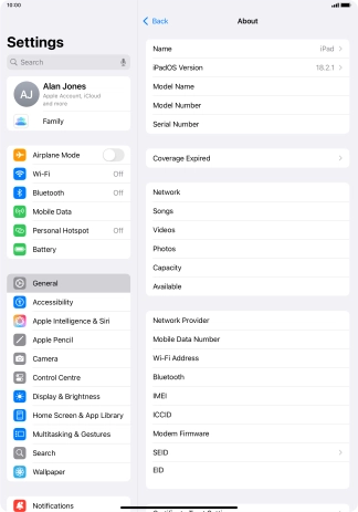 Your tablet's software version is displayed next to iPadOS Version.