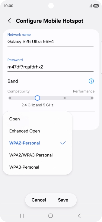 Press WPA3-Personal to password protect your Wi-Fi hotspot. Press WPA3-Personal to password protect your Wi-Fi hotspot.