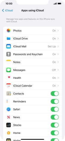 Press the indicators next to the required data types to turn synchronisation of each data type on or off. Press the indicators next to the required data types to turn synchronisation of each data type on or off.