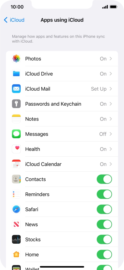 Press the indicators next to the required data types to turn synchronisation of each data type on or off. Press the indicators next to the required data types to turn synchronisation of each data type on or off.