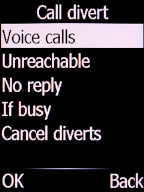 Select the required divert type and press the Left selection key. Select the required divert type and press the Left selection key.