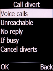 Select the required divert type and press the Left selection key. Select the required divert type and press the Left selection key.