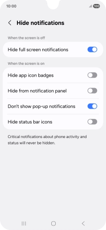Press the indicators next to the required settings to turn display of the selected notification types on or off. Press the indicators next to the required settings to turn display of the selected notification types on or off.