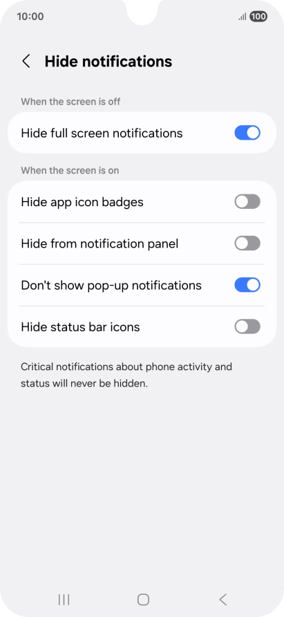 Press the indicators next to the required settings to turn display of the selected notification types on or off. Press the indicators next to the required settings to turn display of the selected notification types on or off.