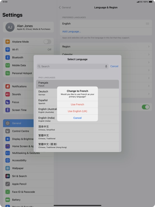 To select the new language as the default tablet language, press Use ‹language›. To select the new language as the default tablet language, press Use ‹language›.