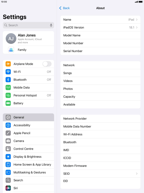 Your tablet's software version is displayed next to iPadOS Version.