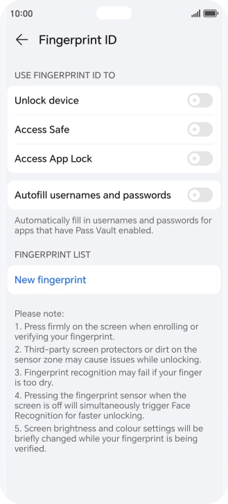 Press New fingerprint. Press New fingerprint.