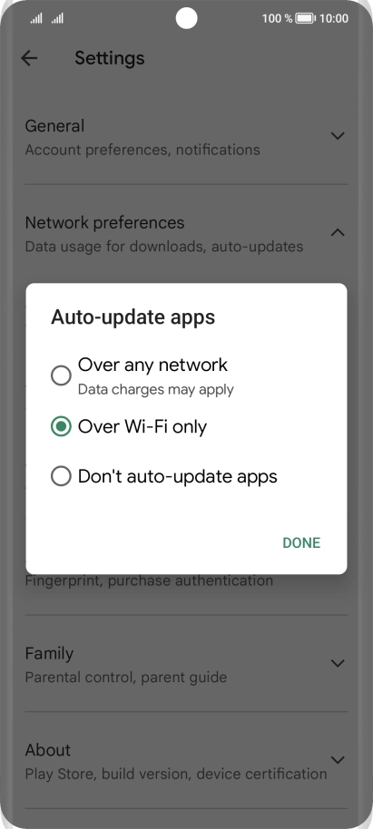 To turn on automatic update of apps using mobile network, press Over any network.