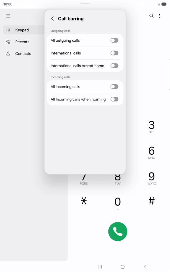 Press the indicator next to the required barring type to turn the function on or off. Press the indicator next to the required barring type to turn the function on or off.