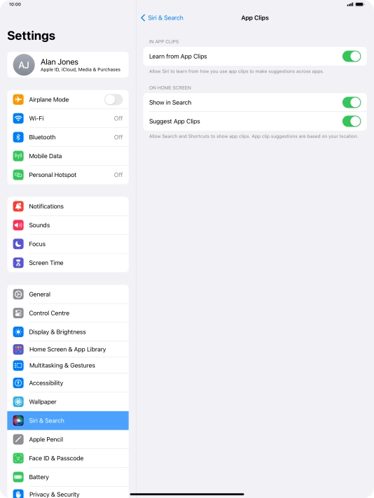 Press the indicators next to the required settings to turn them on or off.