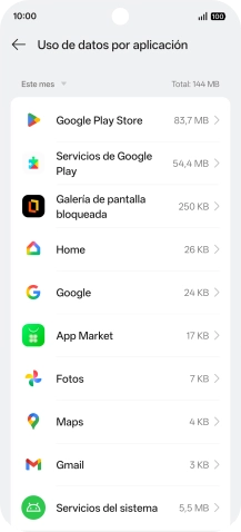 El consumo de datos por cada aplicación aparece bajo el nombre de la aplicación. El consumo de datos por cada aplicación aparece bajo el nombre de la aplicación.