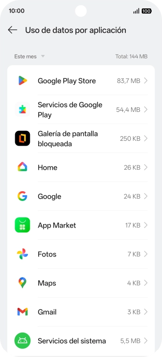 El consumo de datos por cada aplicación aparece bajo el nombre de la aplicación. El consumo de datos por cada aplicación aparece bajo el nombre de la aplicación.