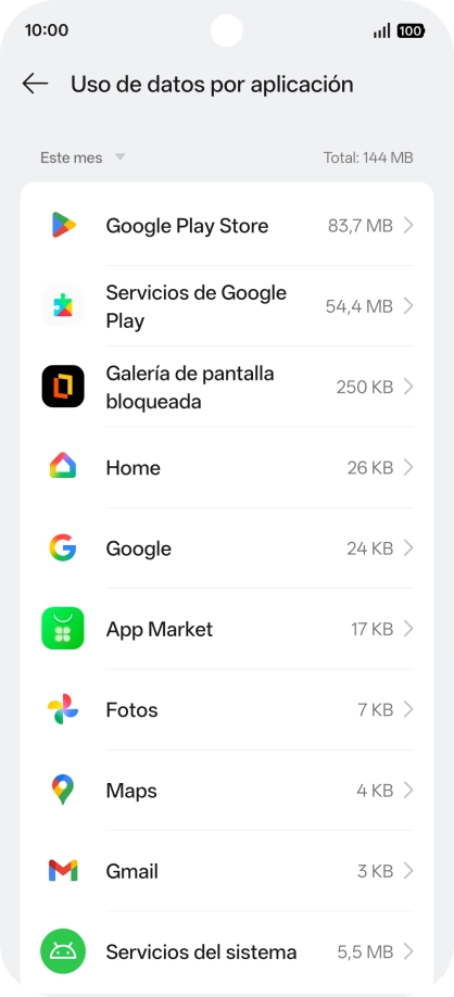 El consumo de datos por cada aplicación aparece bajo el nombre de la aplicación. El consumo de datos por cada aplicación aparece bajo el nombre de la aplicación.