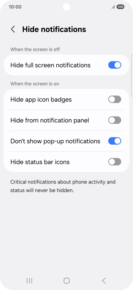 Press the indicators next to the required settings to turn display of the selected notification types on or off. Press the indicators next to the required settings to turn display of the selected notification types on or off.