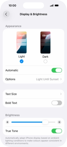 If you turn on the function, press Options and follow the instructions on the screen to select the required period of time for Dark Mode. If you turn on the function, press Options and follow the instructions on the screen to select the required period of time for Dark Mode.