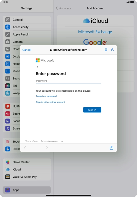 Press Password and key in the password for your email account.