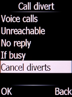 Select Cancel diverts and press the Left selection key. Select Cancel diverts and press the Left selection key.