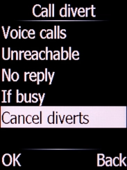 Select Cancel diverts and press the Left selection key. Select Cancel diverts and press the Left selection key.