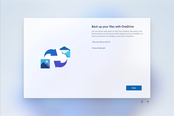 Follow the instructions on the screen if you don't want to back up your files to OneDrive or click Next. Follow the instructions on the screen if you don't want to back up your files to OneDrive or click Next.
