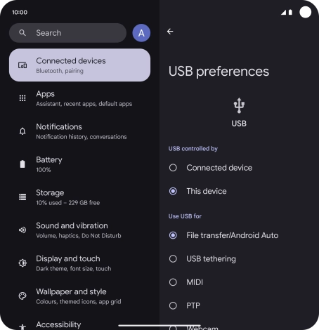 Press File transfer/Android Auto.