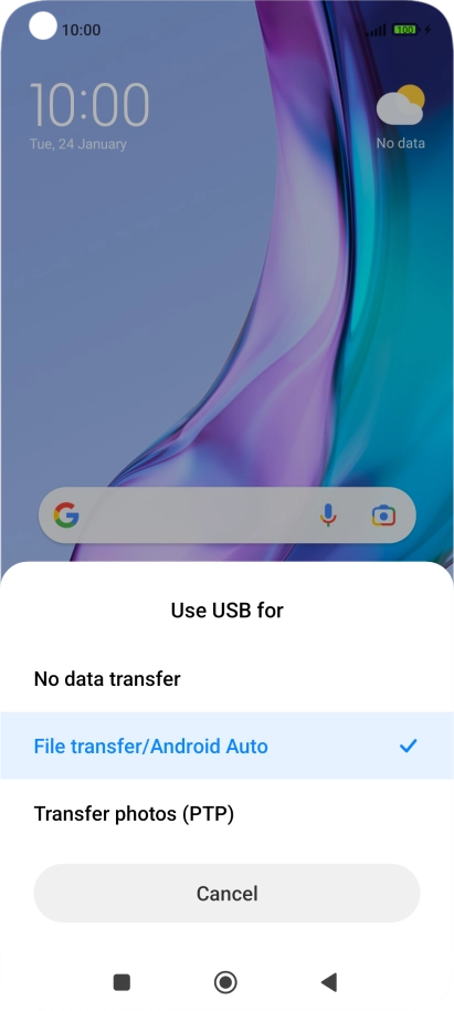 Press File transfer/Android Auto. Press File transfer/Android Auto.