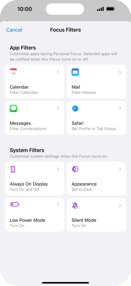 To see specific calendars in the selected focus mode, press Calendar and follow the instructions on the screen to select the required calendars.