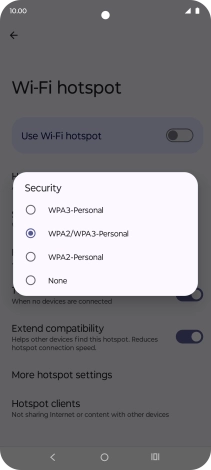 Press WPA3-Personal to password protect your Wi-Fi hotspot. Press WPA3-Personal to password protect your Wi-Fi hotspot.