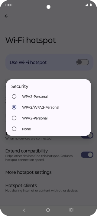 Press WPA3-Personal to password protect your Wi-Fi hotspot. Press WPA3-Personal to password protect your Wi-Fi hotspot.