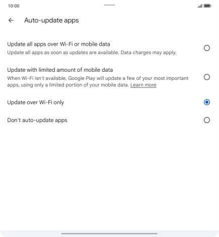 To turn on automatic update of apps using mobile network, press Update all apps over Wi-Fi or mobile data.
