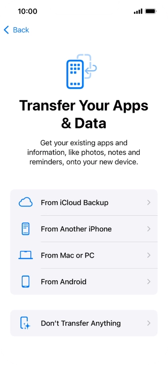 You can transfer content from an Android phone when your phone is activated for the first time and after a factory reset. When this screen is displayed, your phone is ready to transfer content from an Android phone.