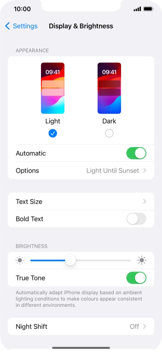 If you turn on the function, press Options and follow the instructions on the screen to select the required period of time for Dark Mode. If you turn on the function, press Options and follow the instructions on the screen to select the required period of time for Dark Mode.