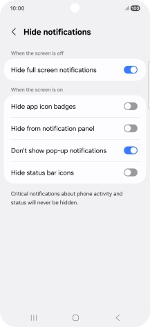 Press the indicators next to the required settings to turn display of the selected notification types on or off. Press the indicators next to the required settings to turn display of the selected notification types on or off.