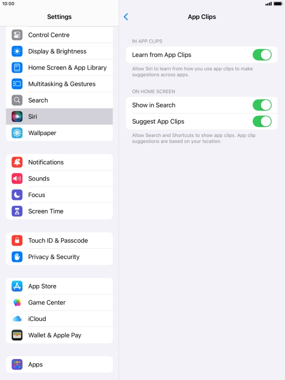 Press the indicators next to the required settings to turn them on or off.