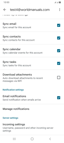 Press the fields next to the required data types to turn synchronisation on or off. Press the fields next to the required data types to turn synchronisation on or off.