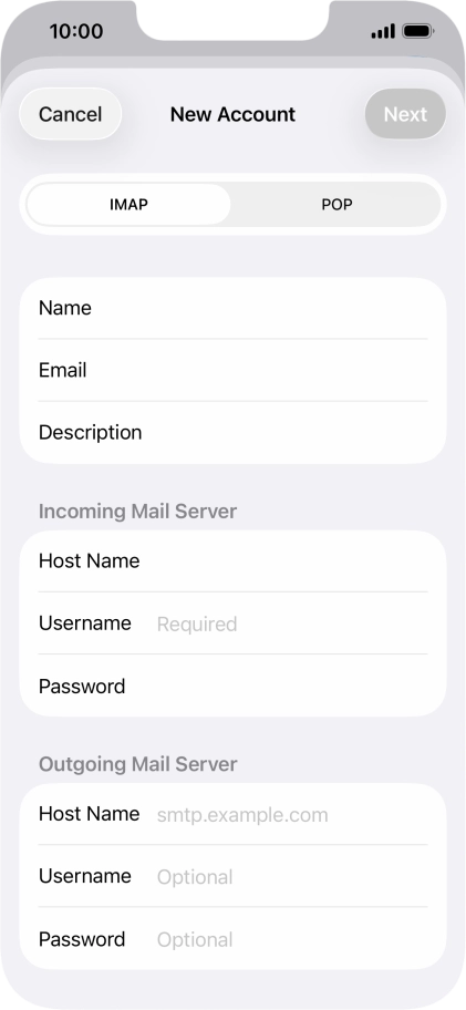 Press Username and key in the username for your email account.