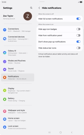 Press the indicators next to the required settings to turn display of the selected notification types on or off. Press the indicators next to the required settings to turn display of the selected notification types on or off.