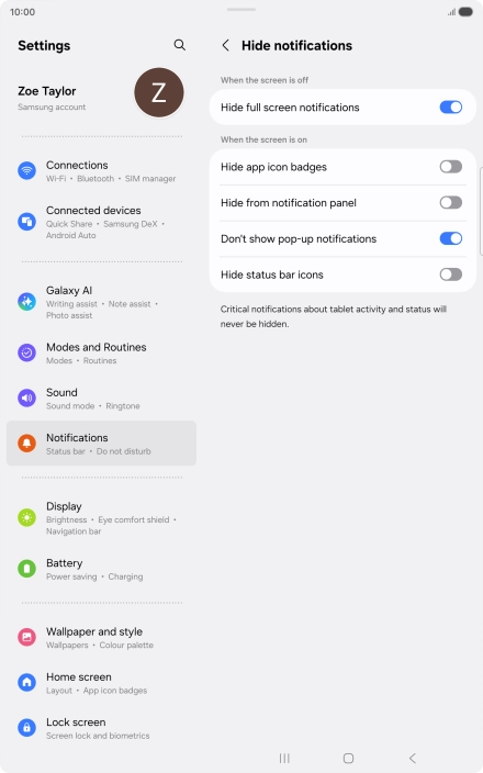 Press the indicators next to the required settings to turn display of the selected notification types on or off. Press the indicators next to the required settings to turn display of the selected notification types on or off.