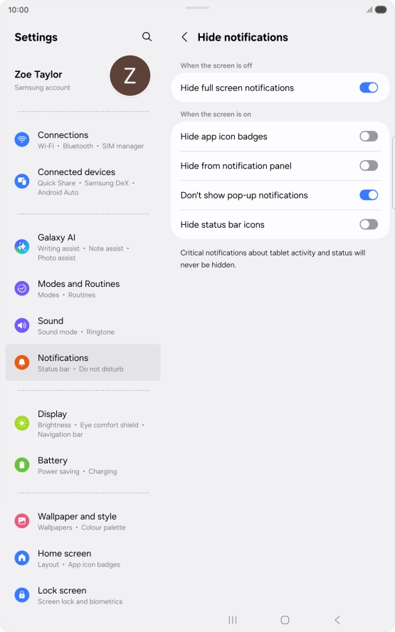 Press the indicators next to the required settings to turn display of the selected notification types on or off. Press the indicators next to the required settings to turn display of the selected notification types on or off.