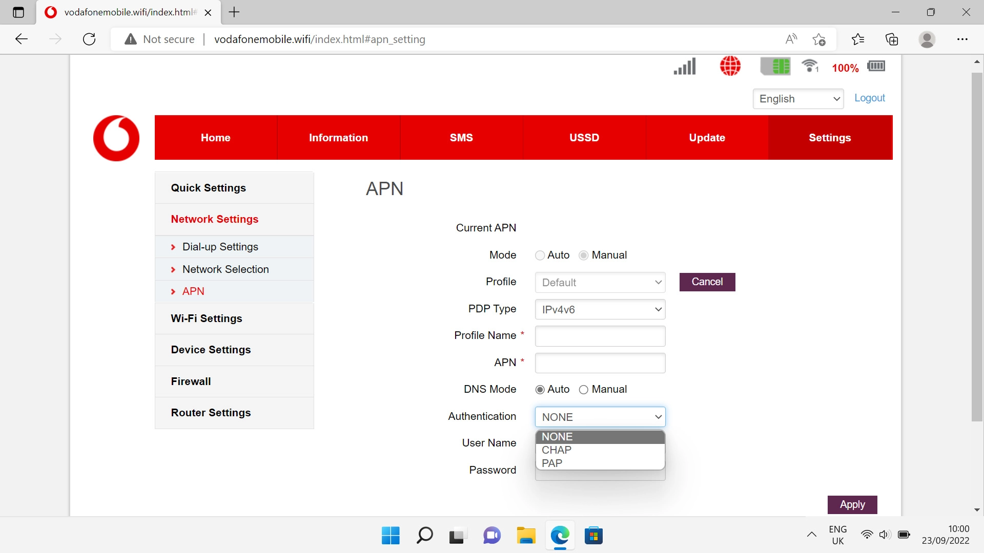 Click the required setting.