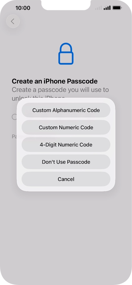 Follow the instructions on the screen to turn on use of phone lock code or press Don't Use Passcode.