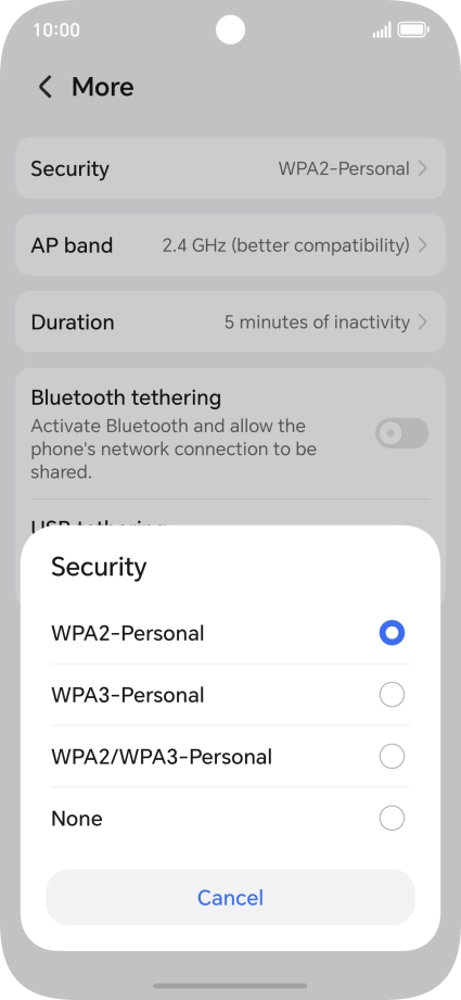 Press WPA3-Personal to password protect your Wi-Fi hotspot. Press WPA3-Personal to password protect your Wi-Fi hotspot.