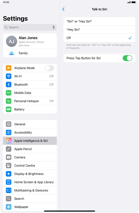 Press the required setting to turn the function on or off. If you turn on the function, you need to follow the instructions on the screen to set up Siri to recognise your voice. Press the required setting to turn the function on or off. If you turn on the function, you need to follow the instructions on the screen to set up Siri to recognise your voice.
