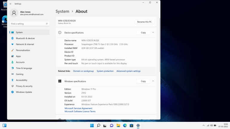 Your laptop's software version is displayed below Windows specifications.