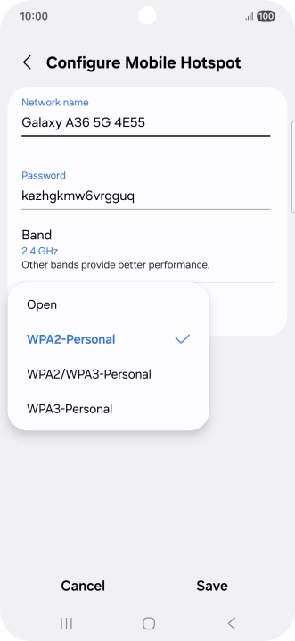 Press WPA3-Personal to password protect your Wi-Fi hotspot. Press WPA3-Personal to password protect your Wi-Fi hotspot.