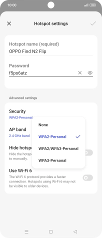 Press WPA3-Personal to password protect your Wi-Fi hotspot. Press WPA3-Personal to password protect your Wi-Fi hotspot.