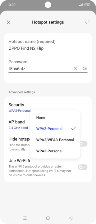 Press WPA3-Personal to password protect your Wi-Fi hotspot. Press WPA3-Personal to password protect your Wi-Fi hotspot.
