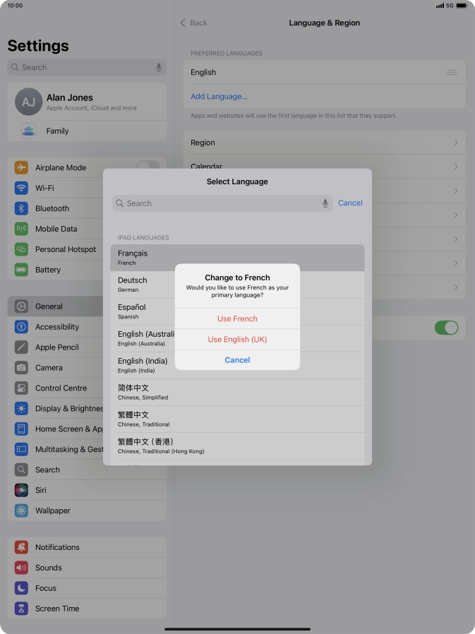 To select the new language as the default tablet language, press Use ‹language›.