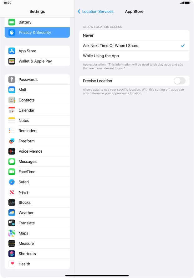 Press the required setting to turn the function on or off.